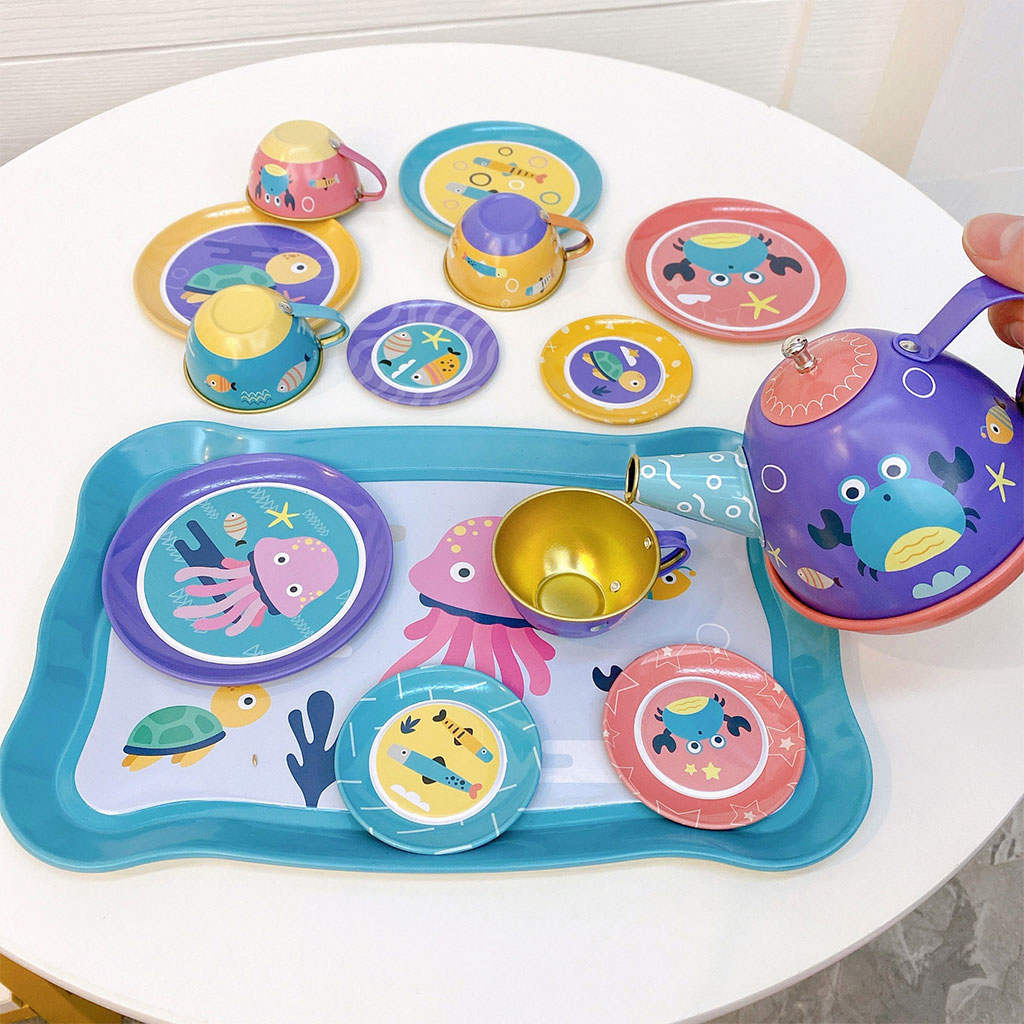 Tinplate Toys Tea Set with Tea Party Accessories Toy Dishes and Utensils Tea Party Set for Boys Toddler Kitchen Pretend Play