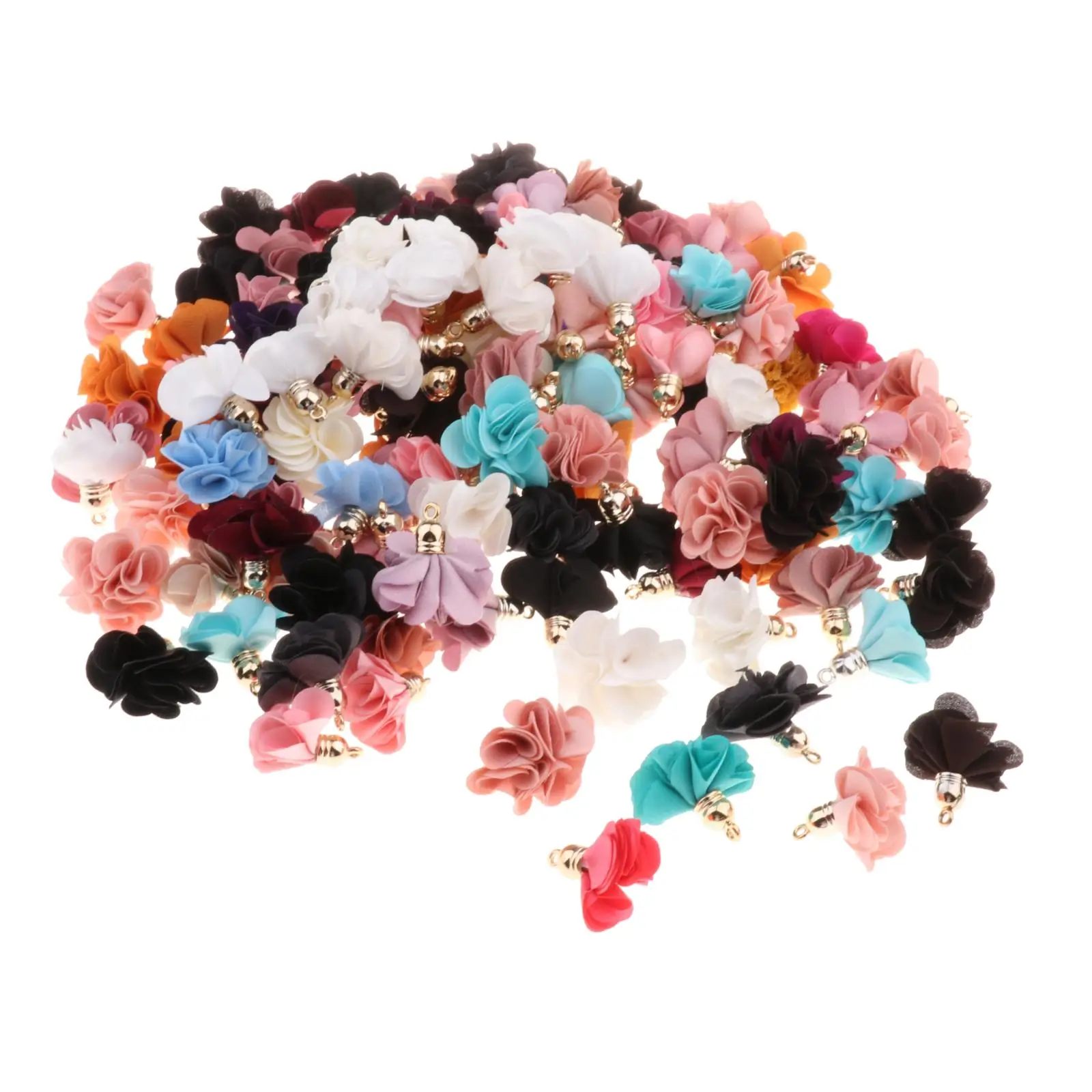 100pcs Cloth Fabric Flower Pendants Tassel Charms DIY, Mixed Color 25-30mm Jewelry Making