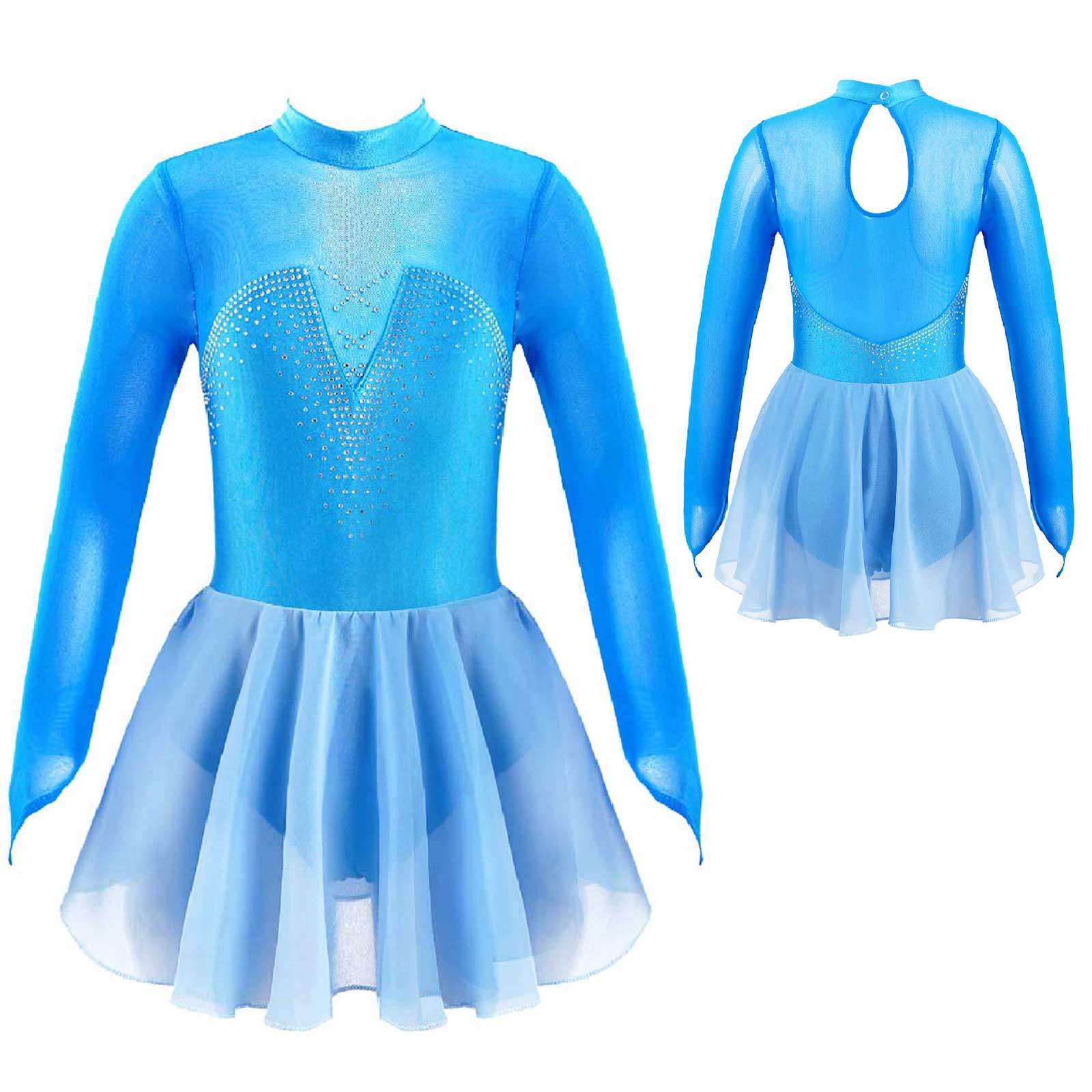 Kinder Mädchen Eiskunstlauf Kleid Moderne Lyrical Dance Ballett Gymnastik Kostüm Langarm Sheer Mesh Strass Trikot Tutu – Detail 3