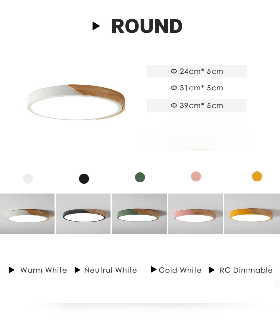 LED Ceiling Light Modern Nordic colorful Round Lamp Wooden Home Living Room Bedroom  Surface Mounted Lighting Fixture Remote