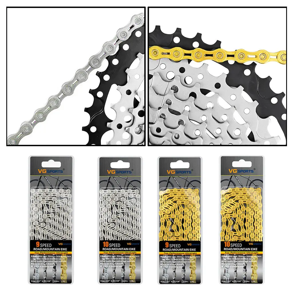 9/10 Speed Ultralight Bicycle Chain Half Hollow 116L Road Bike Chains - Gold, Silver