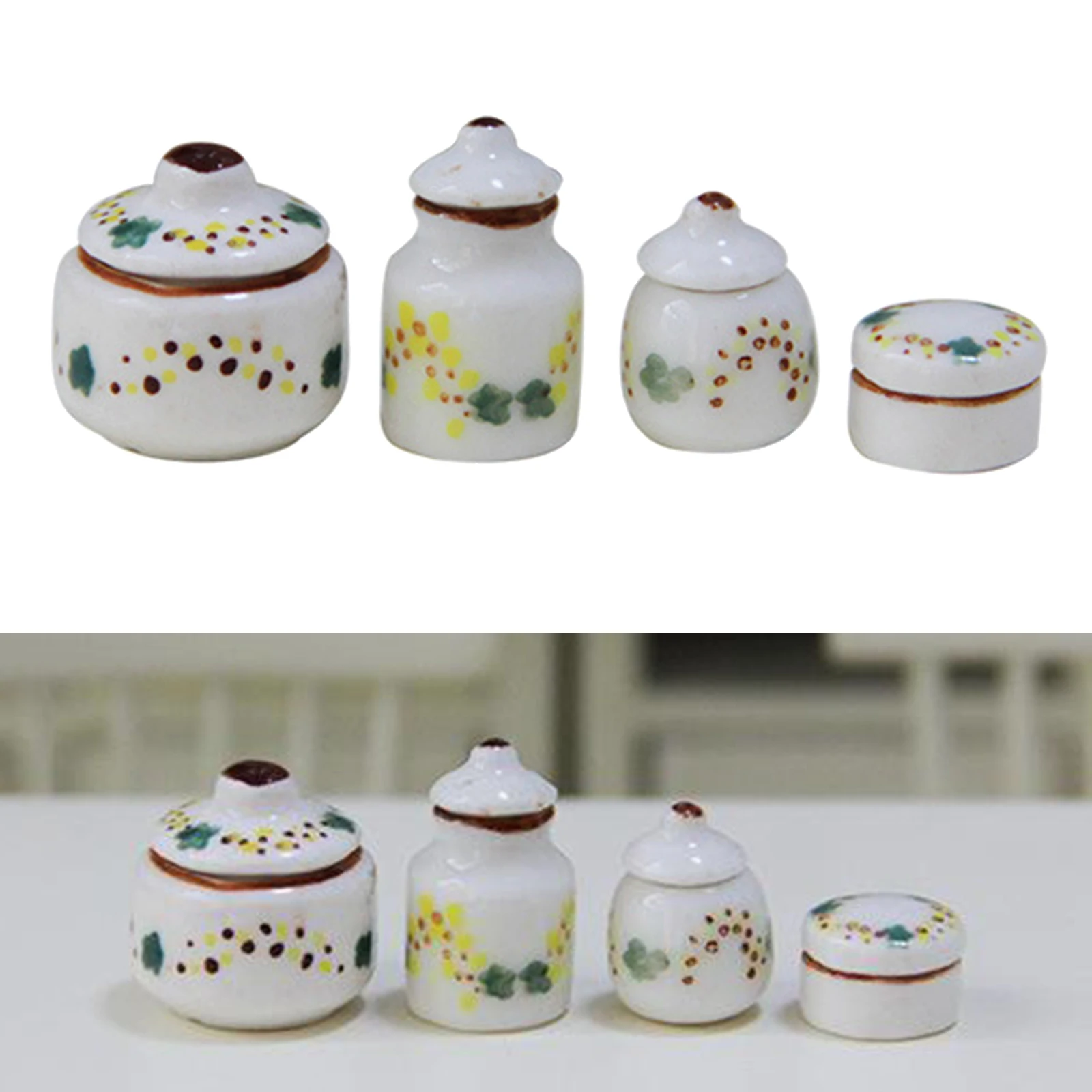 4 pieces 1:12 Doll House Furniture Set Mini Porcelain Pots Cans Seasoning Jar