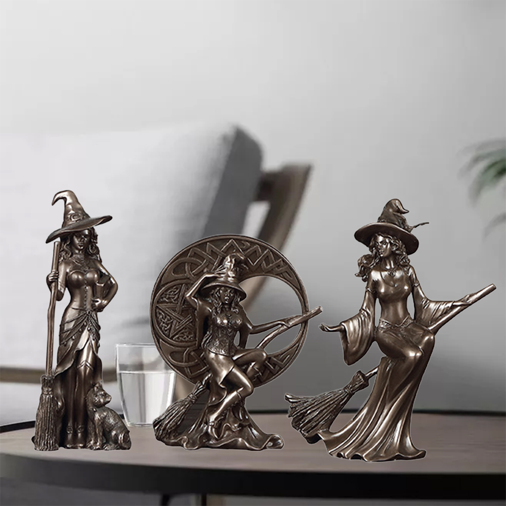 3Pcs Resin Cast Bronze Western Art Nordic Witch Figurines Novelty Characters Wizard Sculpture Home Office Statue Housewarming