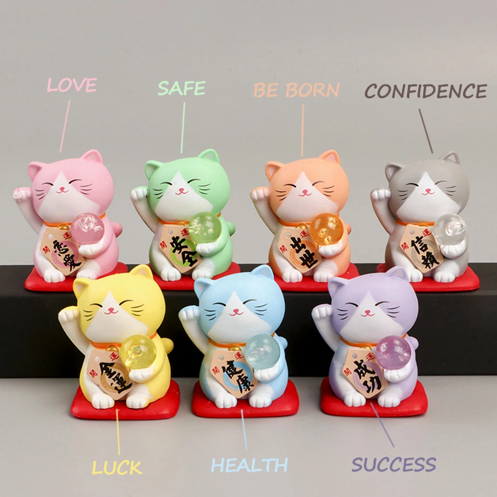 7pcs/Set Cat Figurine Ornament, Lucky Cat Feng Shui Decoration Car Decor Cake Topper Ornament, Shelf Sitter Statue Gift