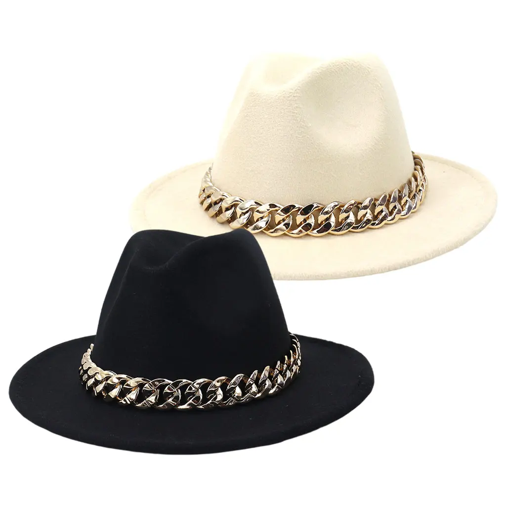 Unisex Wide Brim Fedora Hat with Chain Accent Wide Brim Luxury Hat with Band Fashionable Thick Trilby Breathable Felt for Women