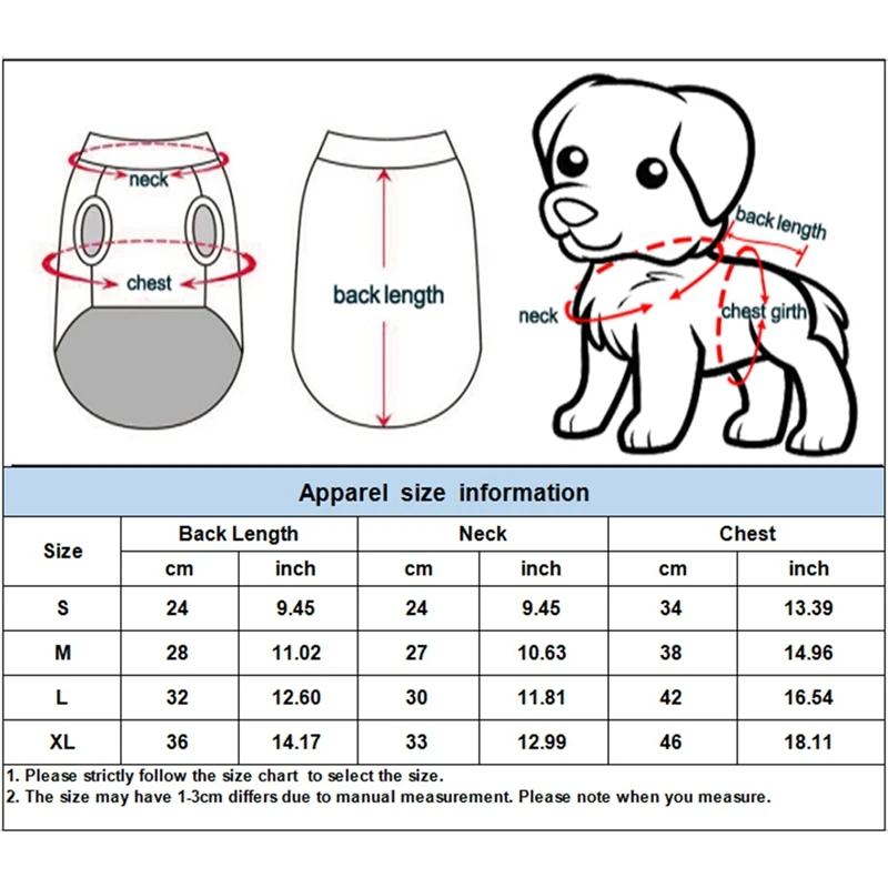 Una tabla de tallas para ropa para mascotas, específicamente para perros. Incluye medidas para la longitud de la espalda, el cuello y el contorno del pecho, que se utilizan para determinar la talla adecuada para la ropa de un perro.