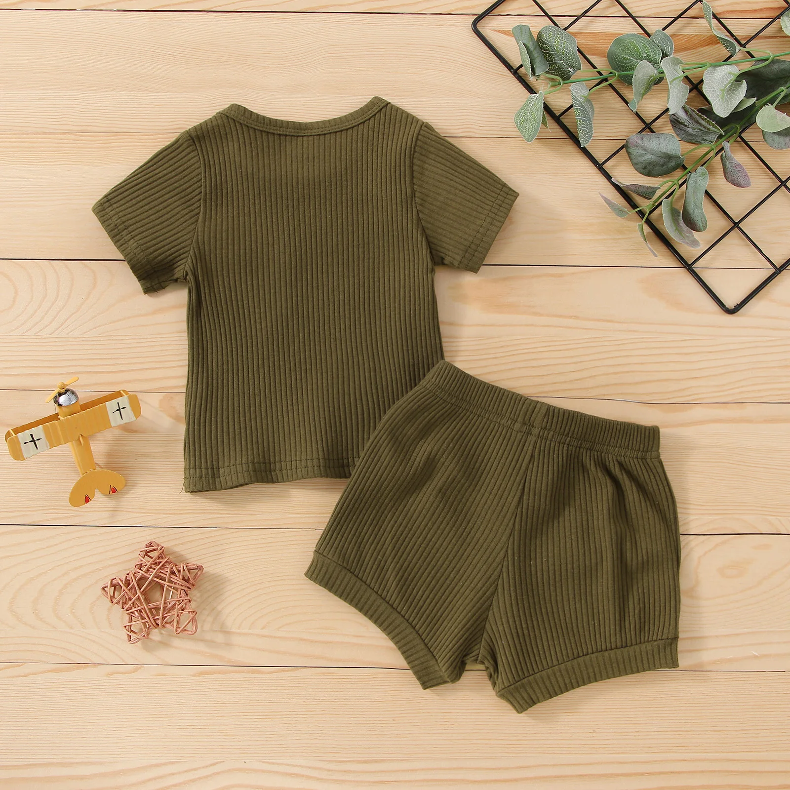 Lioraitiin 0-24M Newborn Infant Baby Girl Boy Outfits Sets Ribbed Knit Short Sleeve T-shirt Short Pant Solid Color Clothes Set Baby Clothing Set cheap