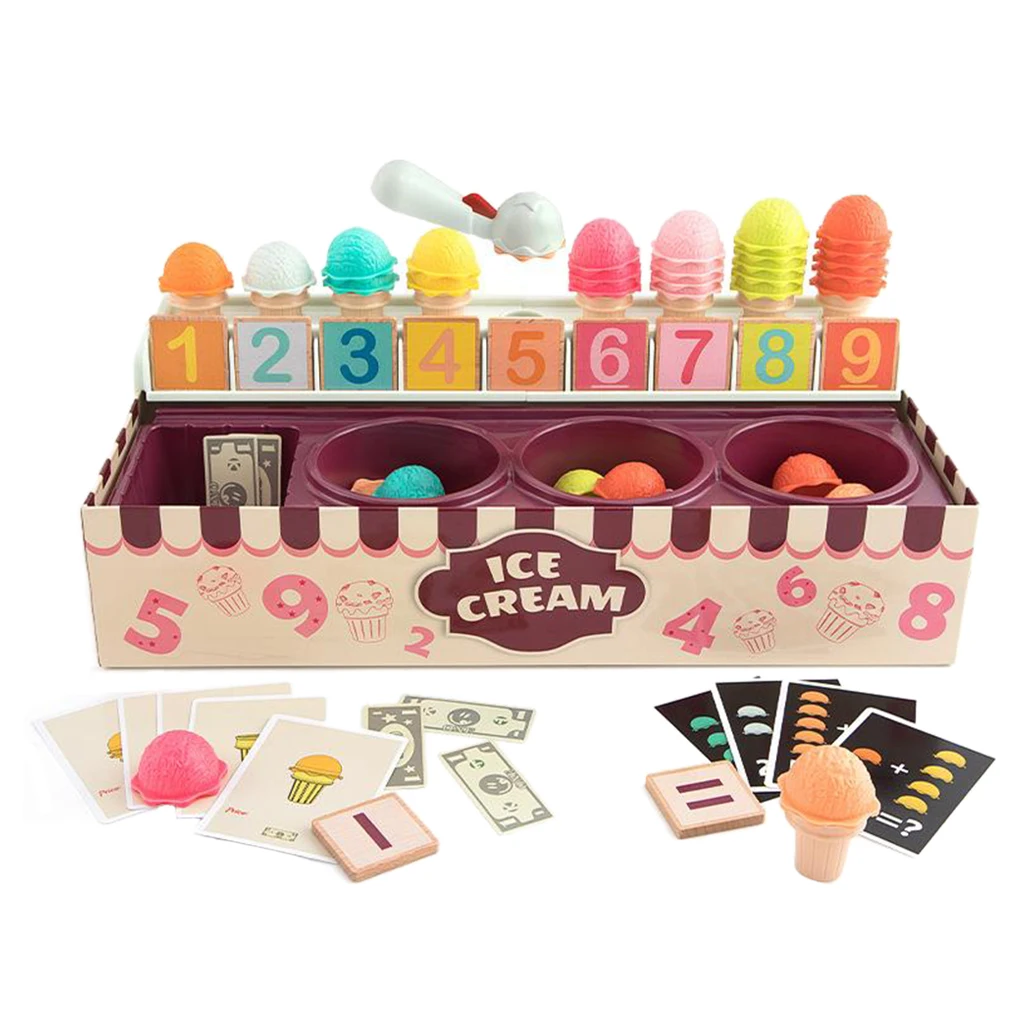 Ice Cream Counter Play Food and Accessories, Math Learning Game, Great Girls and Boys - Best for 3, 4, 5 Year Olds