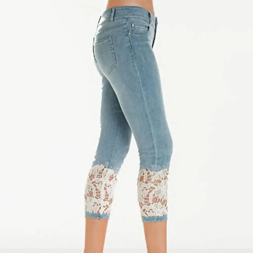 verão feminino capri calças de renda elástica panturrilha comprimento mid rise jeans casual calças de lápis streetwear calças de brim femininas
