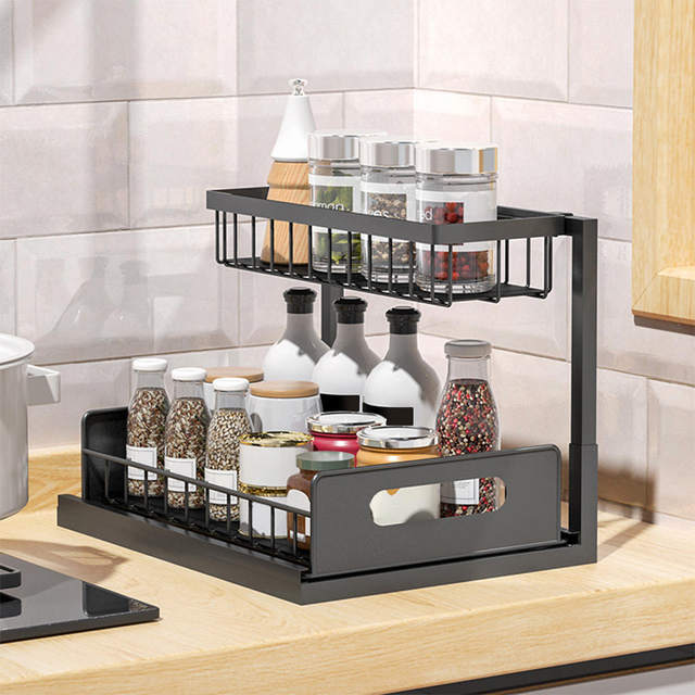 1pc Kitchen Storage Rack Dormitory Organizer Hanging Spice Rack Basket  Under Cabinet Shelf Holder-black