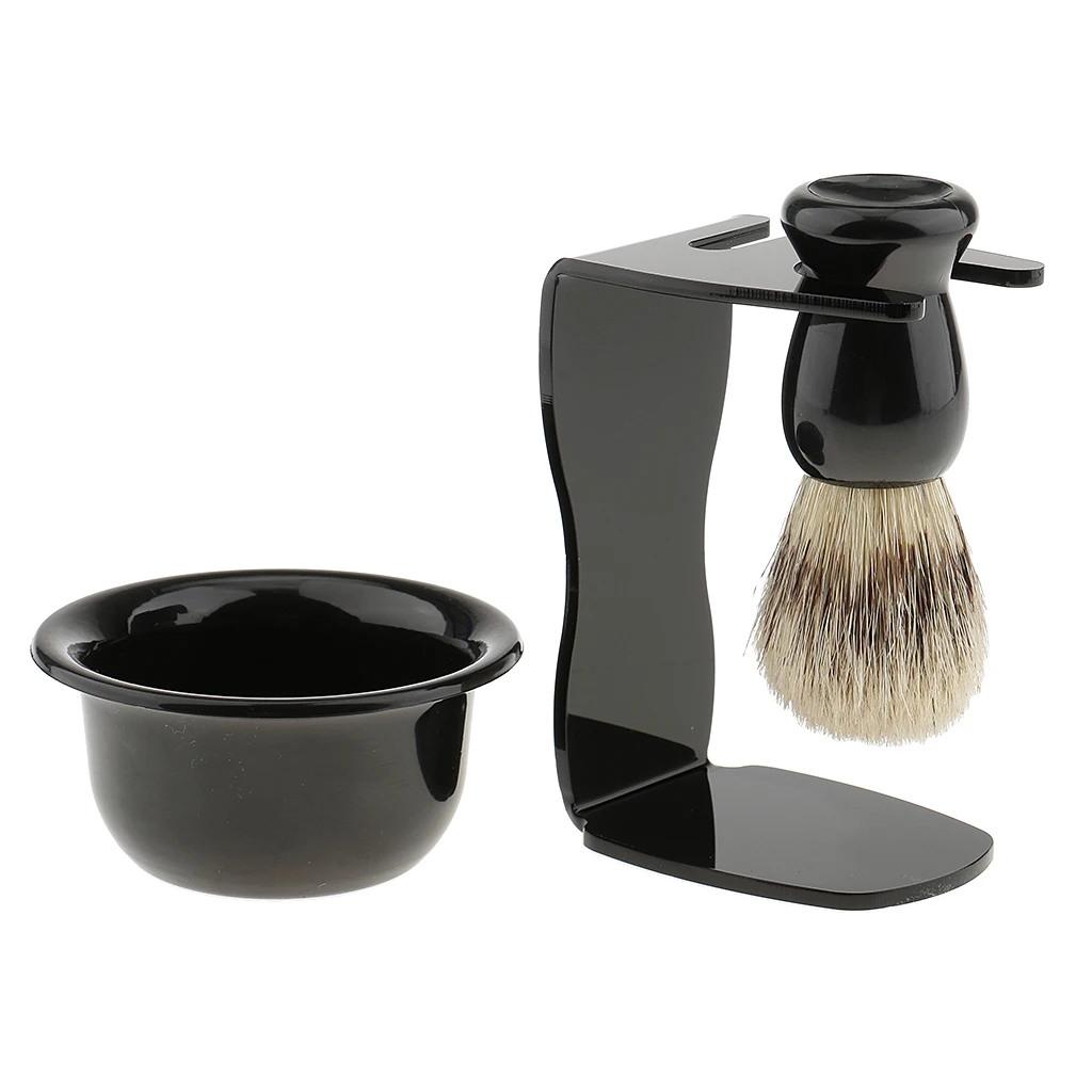 3 in 1 Black Shaving Set Bristle Brush & Stand Holder & Bowl Travel Kit