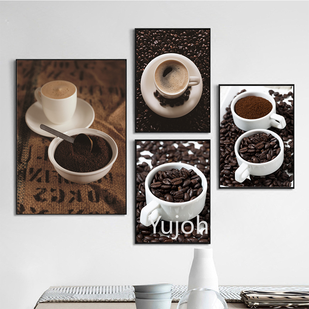 白セラミックコーヒーカップ壁紙ポスター印刷カップ地面とコーヒーとコーヒー豆キャンバス絵画リビングルームの装飾 絵画 書道 Aliexpress