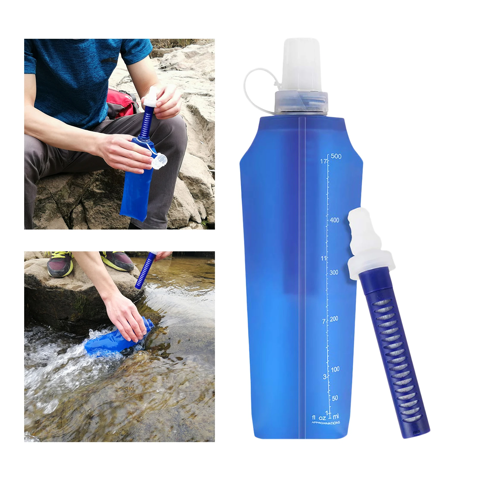 500ml Soft TPU Collapsible Water Filter Bottle with Water Filter Straw BPA Free Outdoor Filtered Water Bag for Camping Cycling
