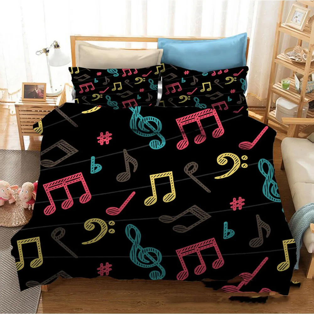 3D Musical Note Printed Designer Bedding Set 2/3pcs Music Themed Full with Zipper Quilt Cover and Pillowcases Home  Queen Size