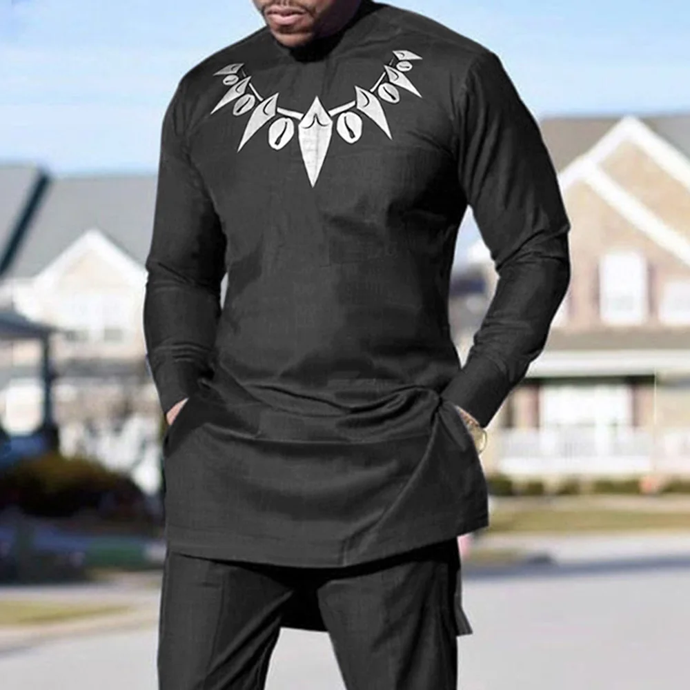 KLJR Men V-Neck Plus Size Casual Mid-Long African Print Tee T-Shirt