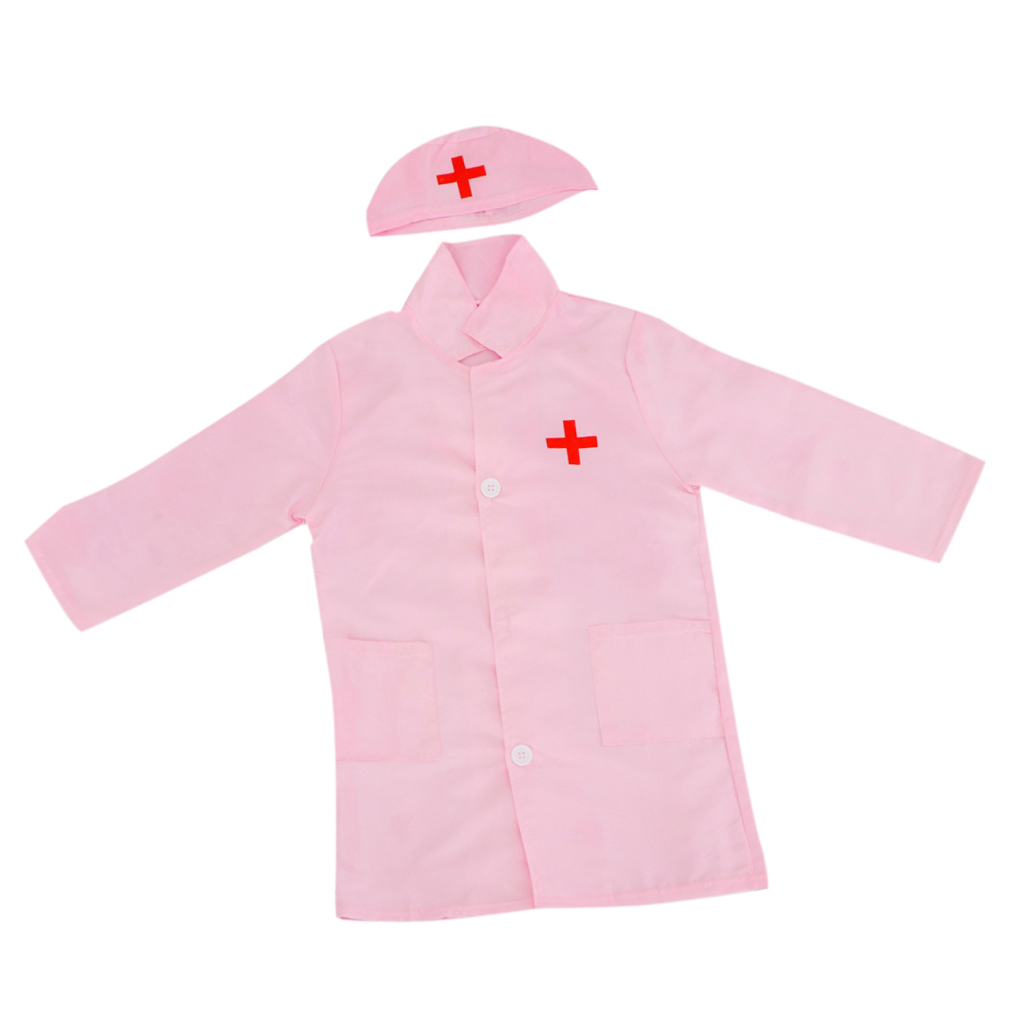 Kids Long Sleeve Doctors Uniform, Children Nurse Costume Lab Coat & Cap Pretend Play Dress Suit Set