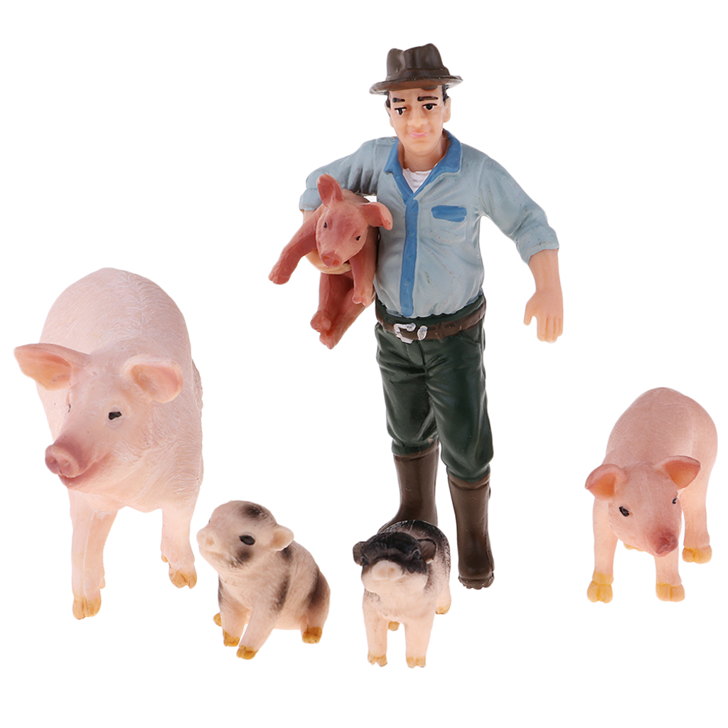 Lifelike Farm Animal Figure Plastic Farm Animals Toy Set - Farmer & 4 Pig