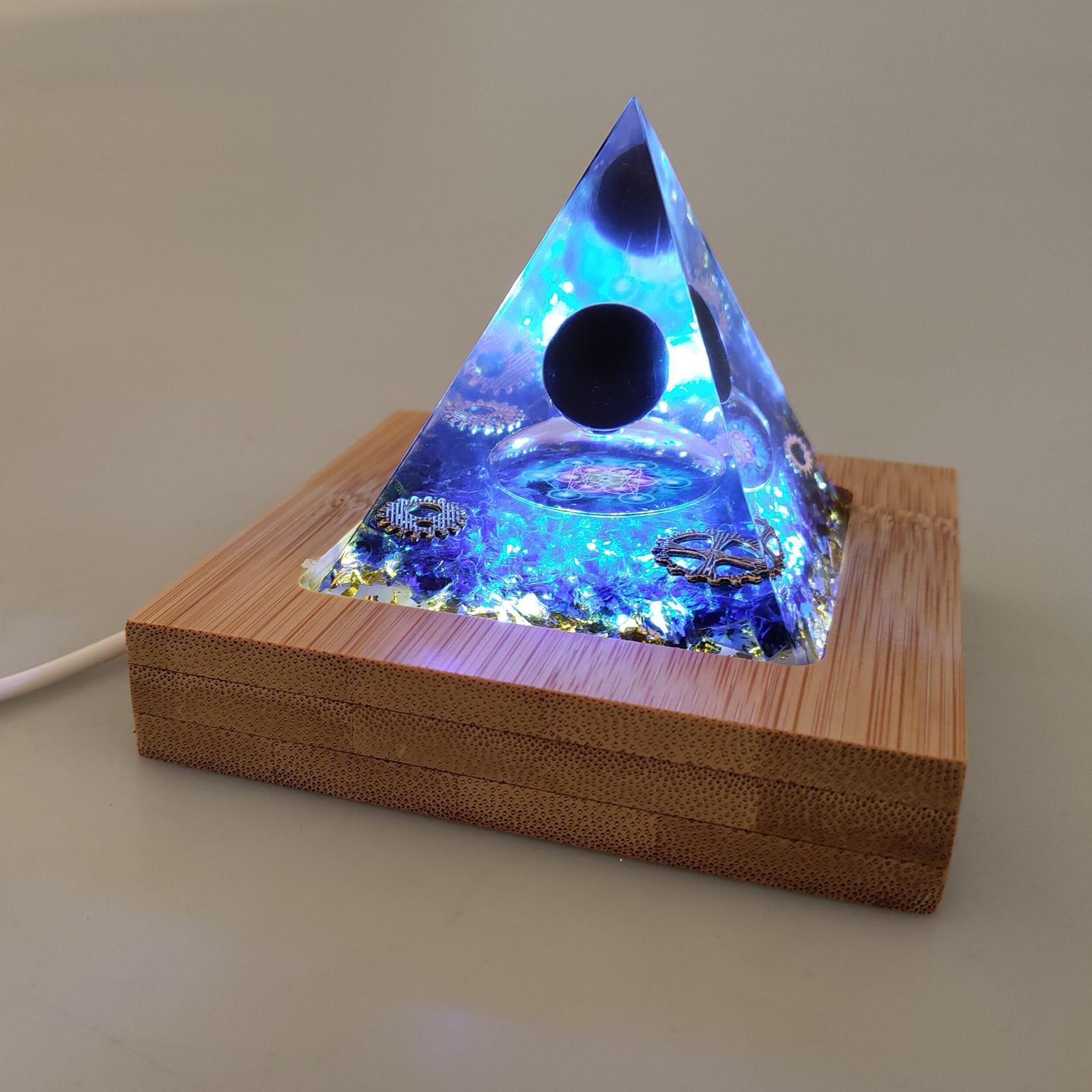 Orgone Pyramid Obsidian Sphere Blue Crystal with Light Wooden Base Hand Crafted Eco Friendly Dimensions 6x6x6cm