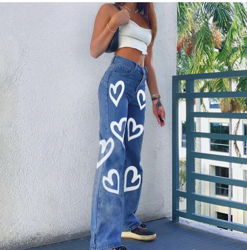 brown jeans 2021 Casual Printed Heart Straight Slim Jeans Vintage High Waist Trousers Women Fashion Denim Pants Vaqueros Mujer Streetwear old navy jeans