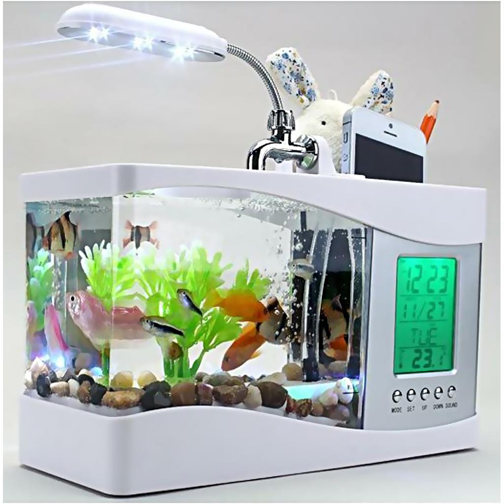 Mini Clear USB LED Goldfish Betta Fish Tank Ornament Desktop Aquarium Gift White