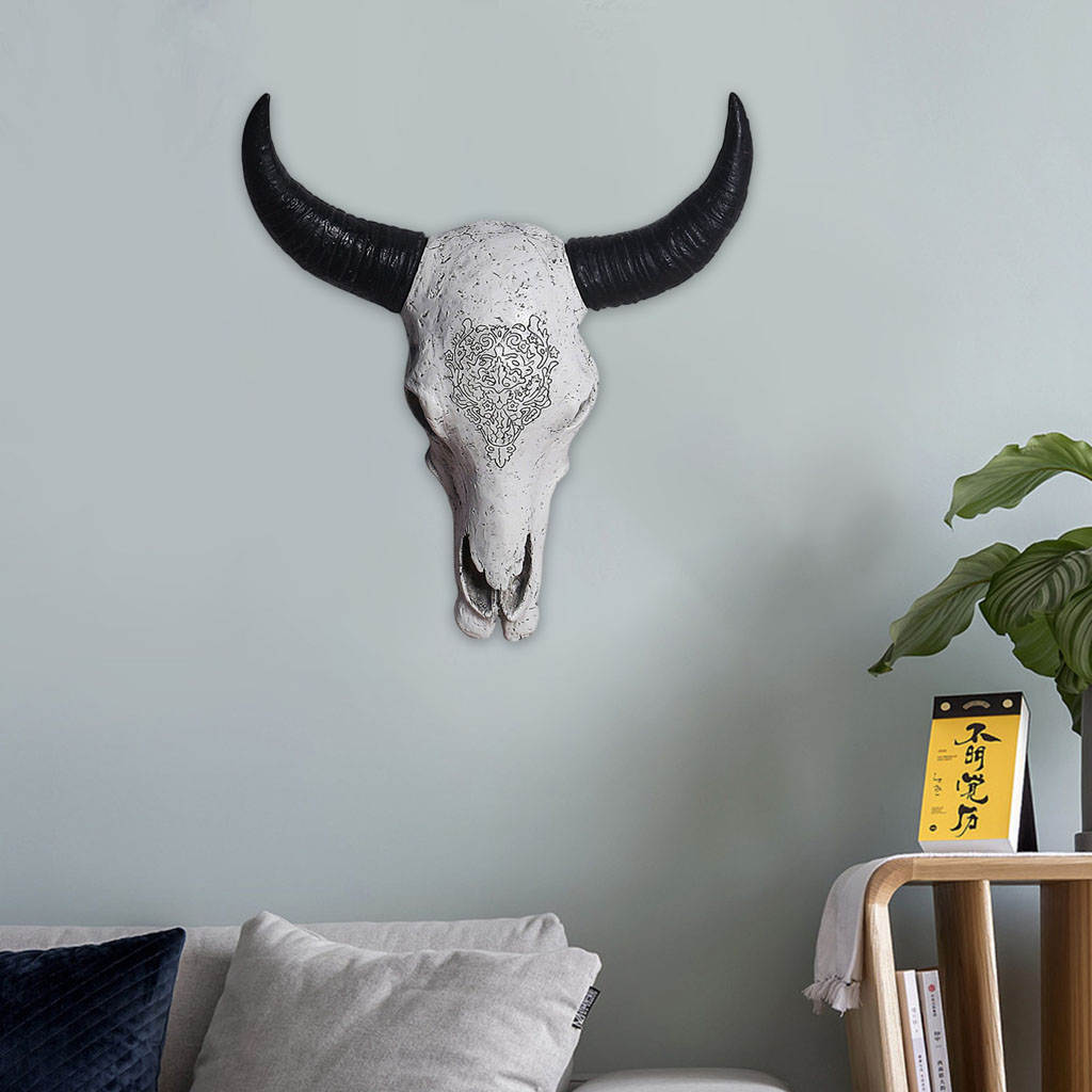 Bull Skull Sculpture Art Decor Resin Animal Head Retro Wall Mount for Home
