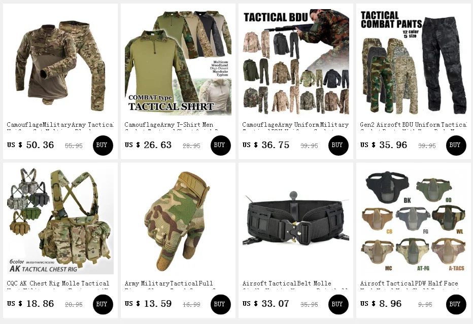 Una colección de ropa y equipo táctico, probablemente a la venta. Incluye varios artículos como camisas, pantalones, guantes y bolsos de camuflaje. Los artículos se muestran en formato de cuadrícula con sus respectivos precios en dólares estadounidenses.