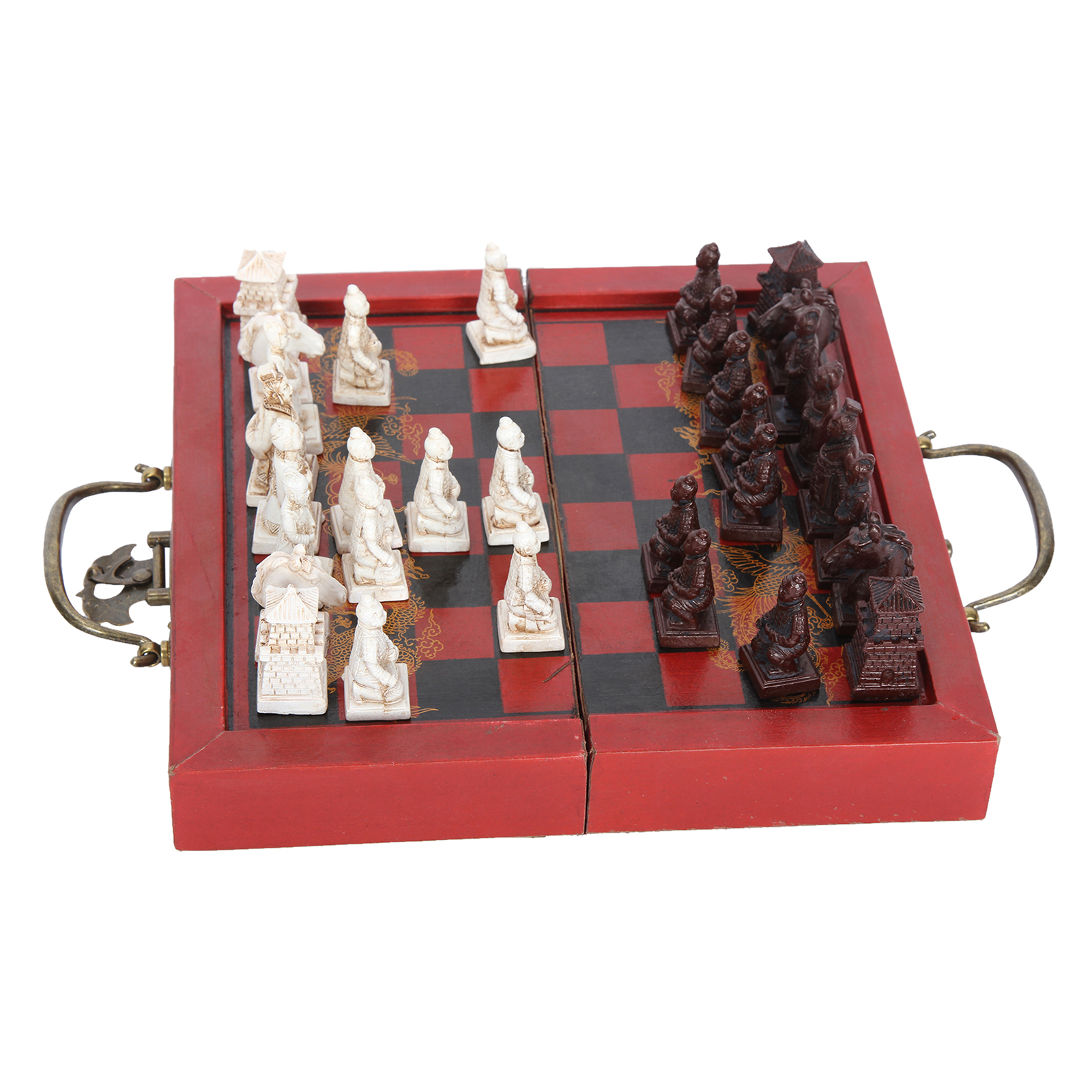 Handmade Antique Chinese International Chess Set - 8 Inch Folding Wooden Board & Pieces