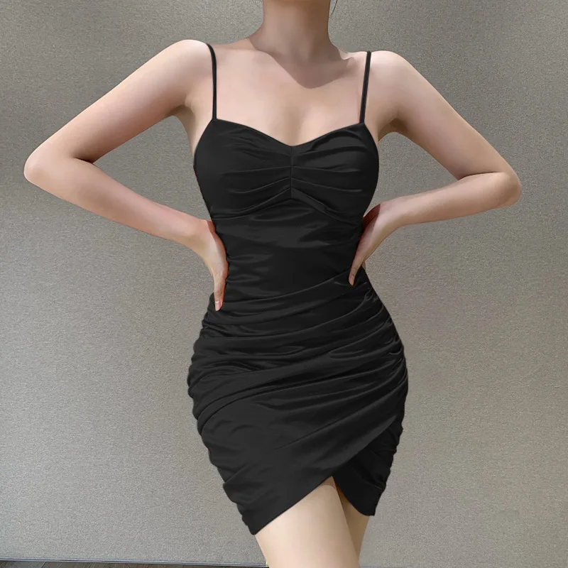Sexy V-Neck Backless Spaghetti Strap Mini Dress Women Summer 2021 Sleeveless Pleated Tight Black Dress Woman Party Club Dresses