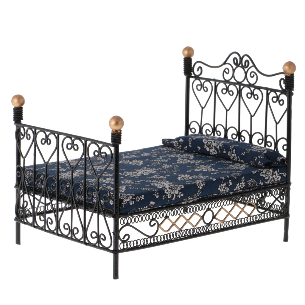 Dollhouse Bedroom Furniture, 1/12 Scale Double Bed Model - Black Iron Frame And