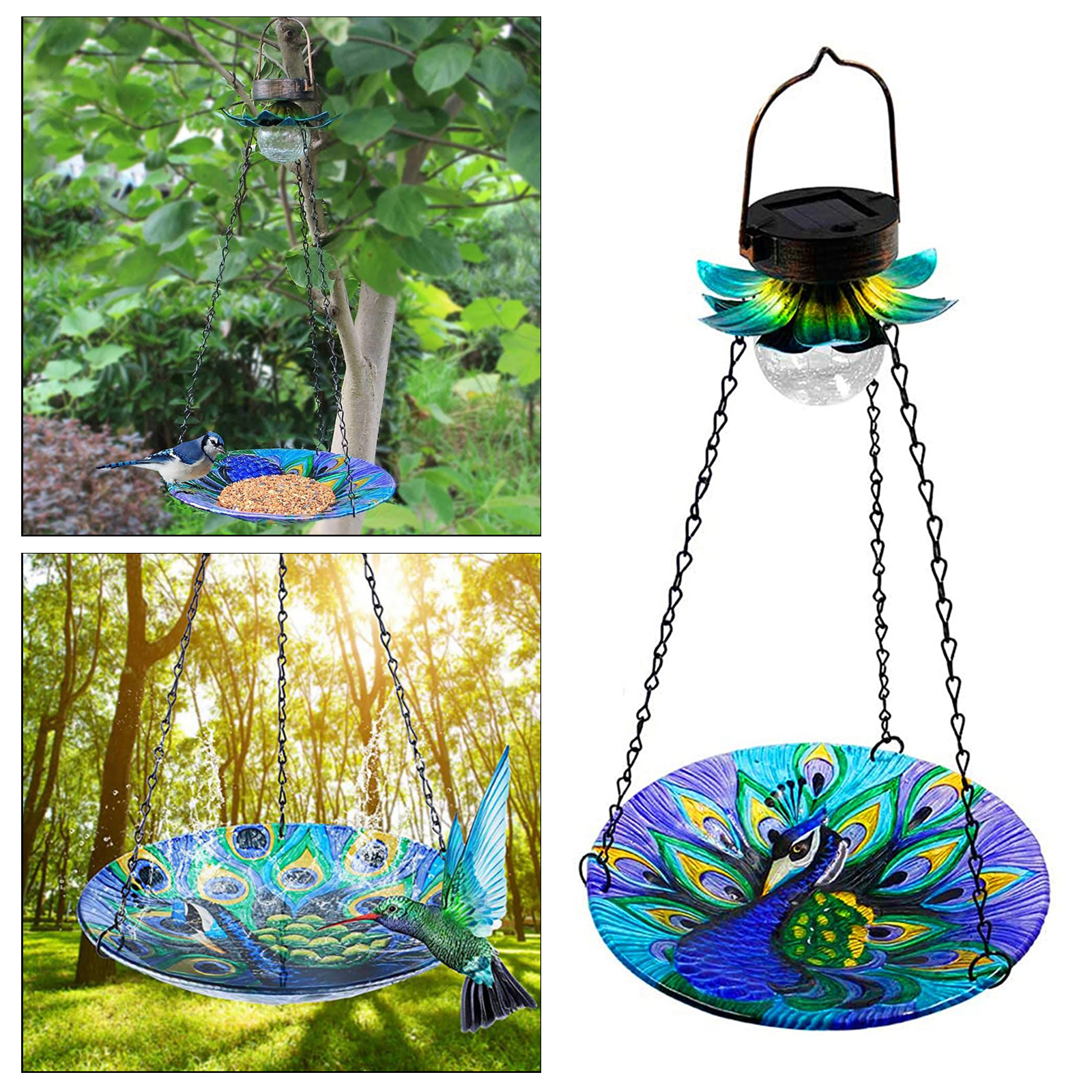 Bird Feeder Solar Stained Glass Landscape Decor Peacock Pattern Bird Bath