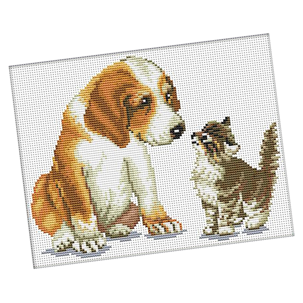 Stamped Cross Stitch Kits With Printed Pattern - Dog and Cat, for Embroidery Art Cross-Stitching Lover 11CT 35x29cm