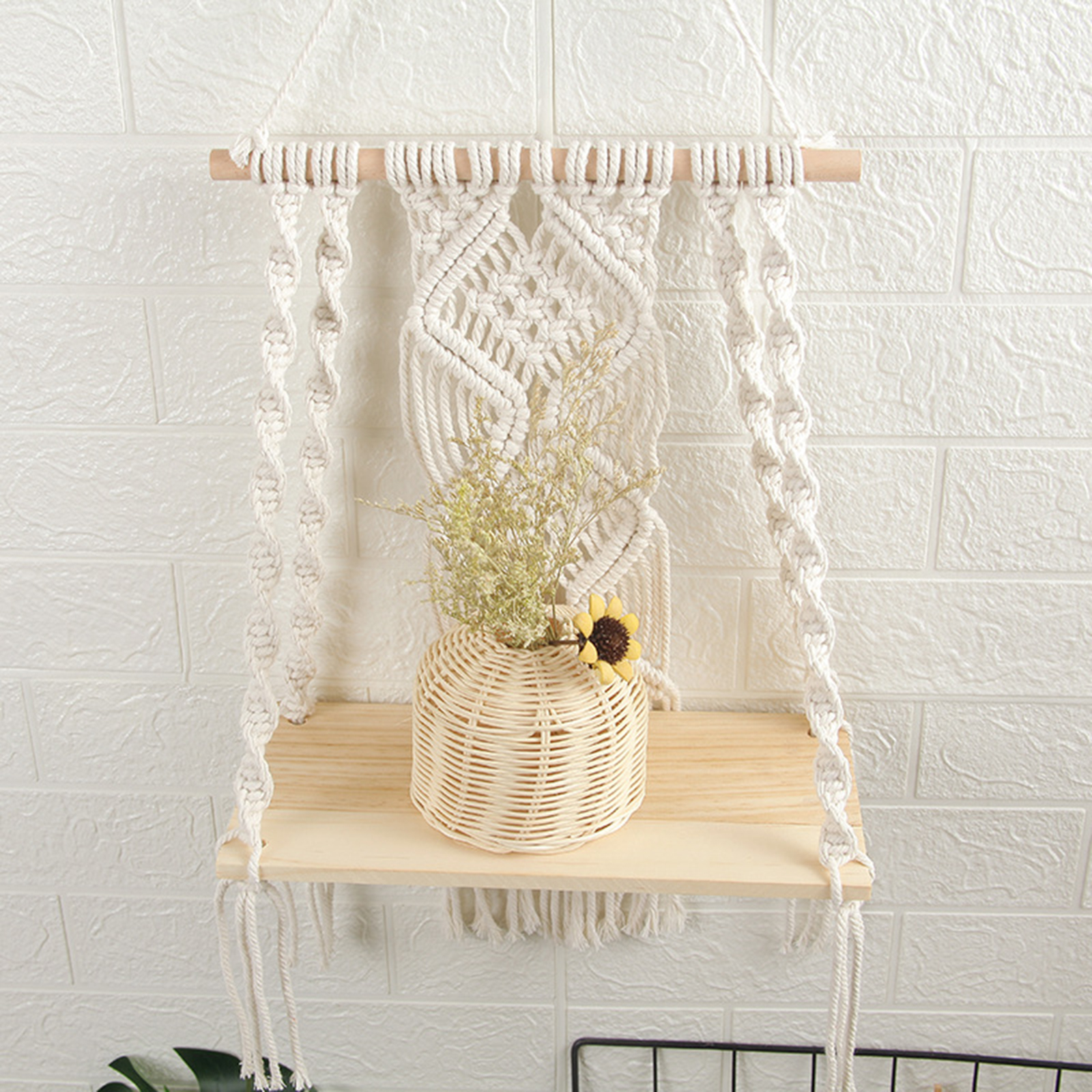 Hand-Woven Macrame Tapestries Rack Shelf Rustic Wooden Farmhouse ing Decorative Shelves Wall ing Shelves Ornament