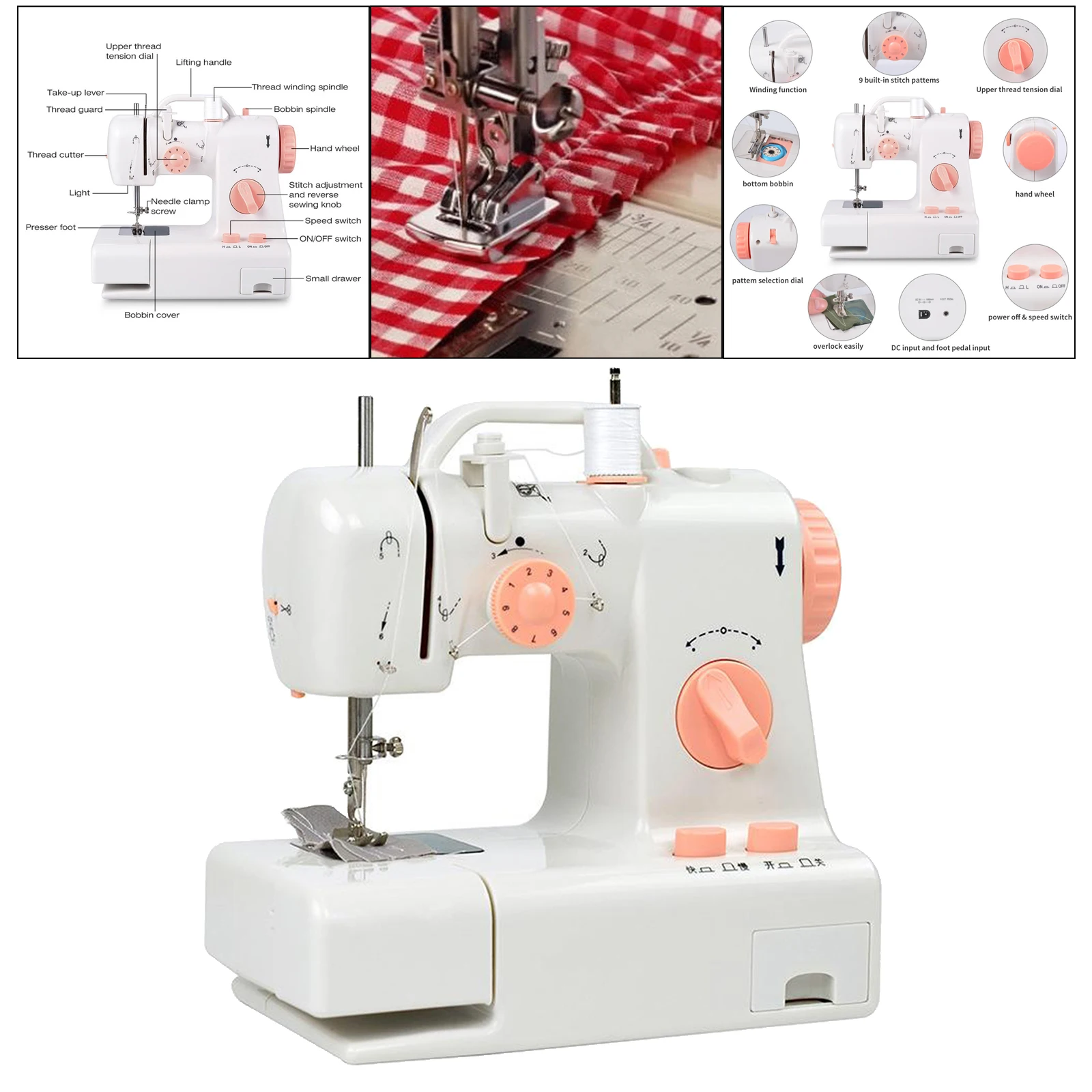 Electric Sewing Machine Portable Mini with Lights and Thread Cutter, 2 Speeds Double Thread, Foot Pedal Household Sewing Tool