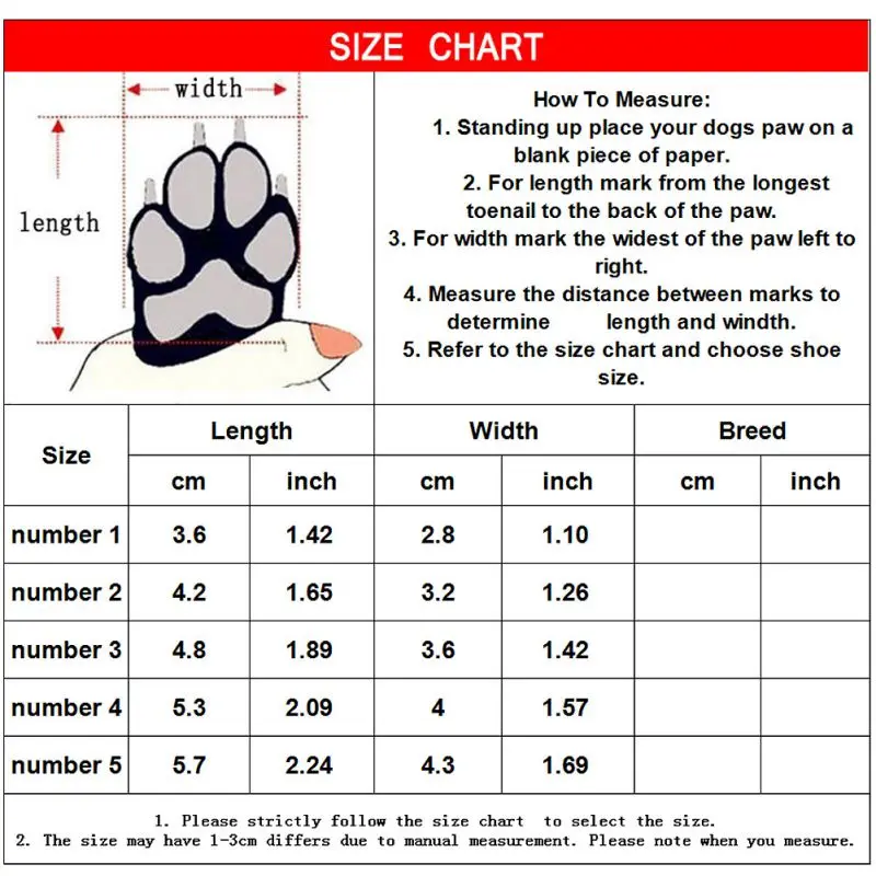 Una tabla de tallas para zapatos para perros. Incluye instrucciones sobre cómo medir la pata de un perro para determinar la talla adecuada del zapato. La tabla enumera las medidas de largo y ancho en centímetros y pulgadas, junto con la talla de zapato correspondiente.