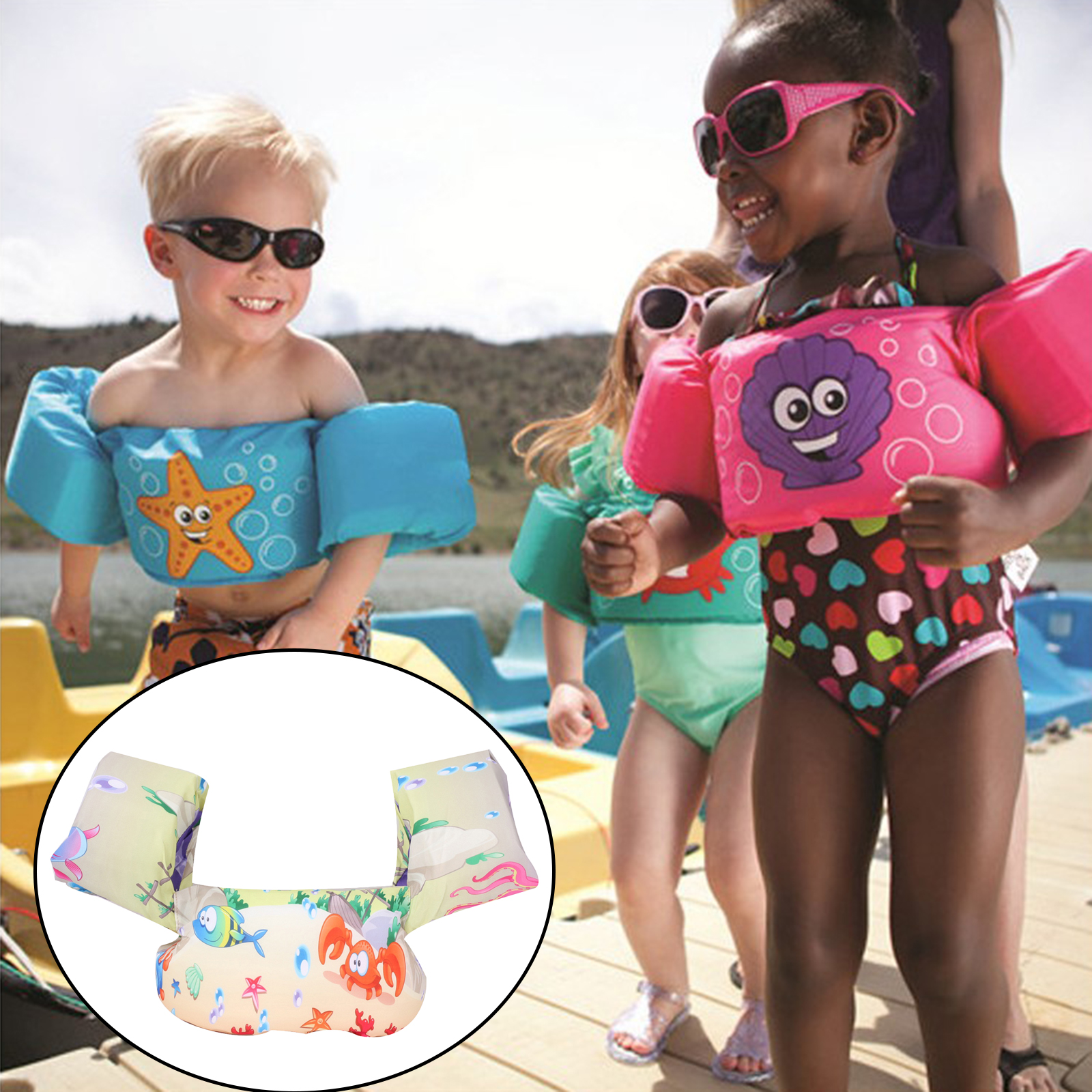 Cartoon Kids Swim Vest with Shoulder Harness Arm for 10-30Kg Toddler