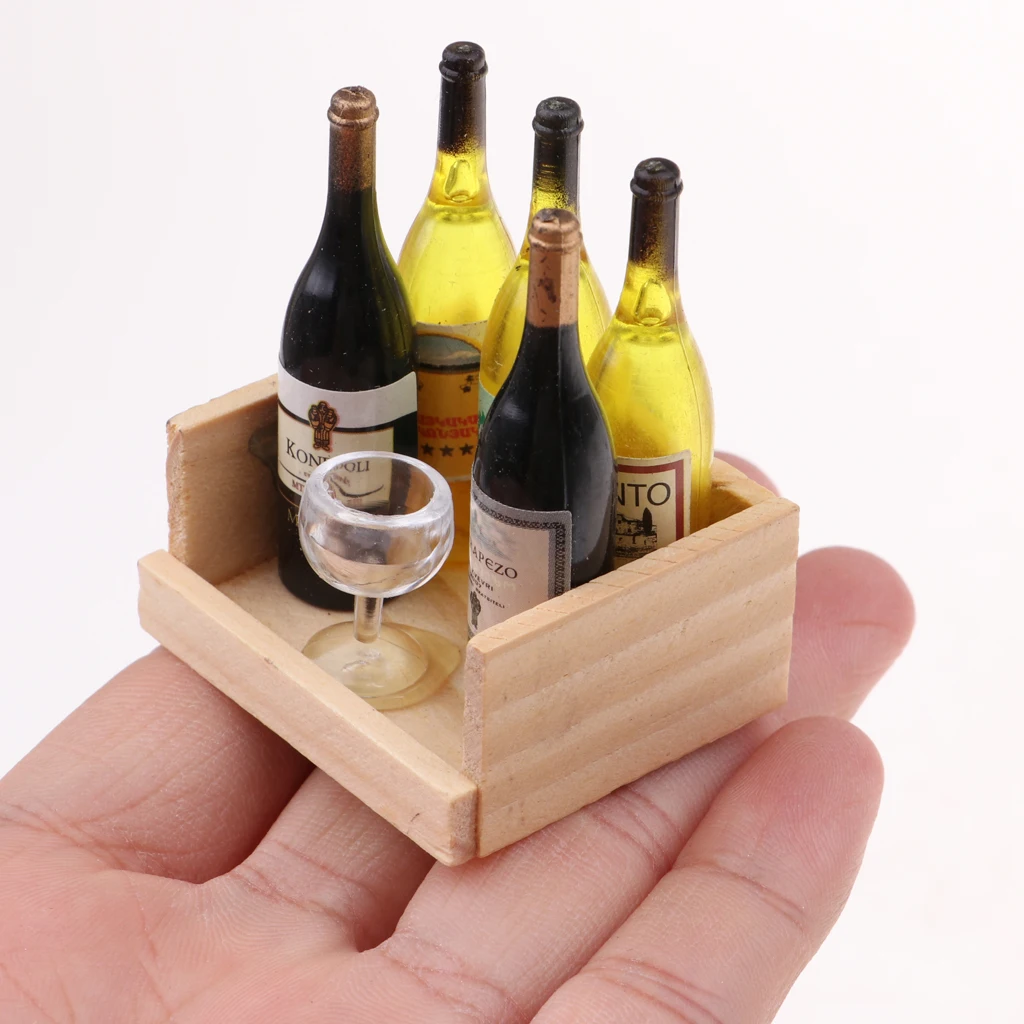 Miniature Wine Juice Bottles Cup Wood Rack 1:12 Dollhouse Drink Model 2 Sets