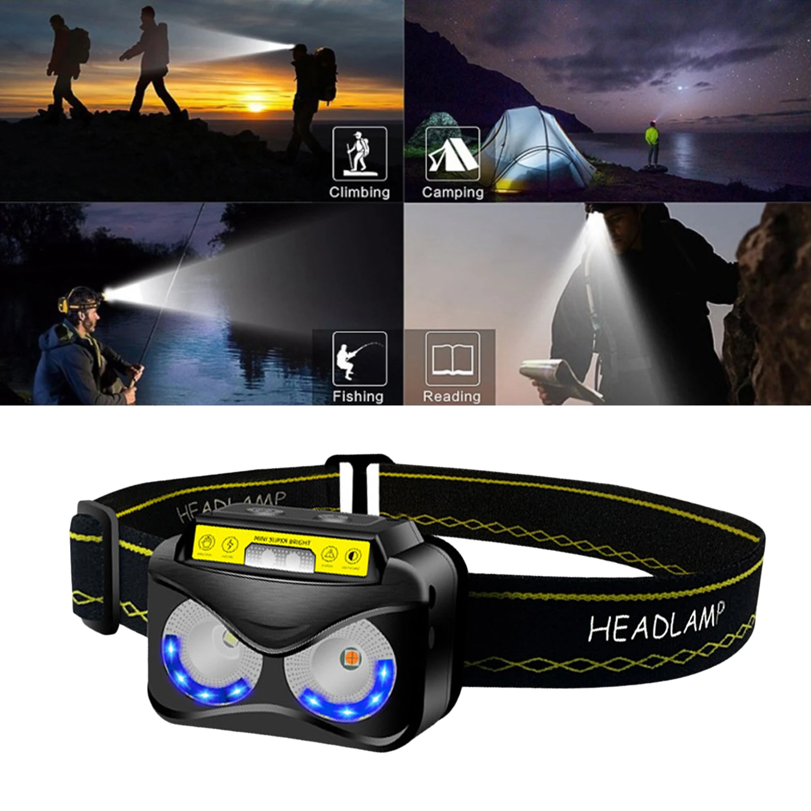 Powerfull Headlamp Rechargeable LED Headlight Body Motion Sensor Head Flashlight Camping Torch Light Lamp