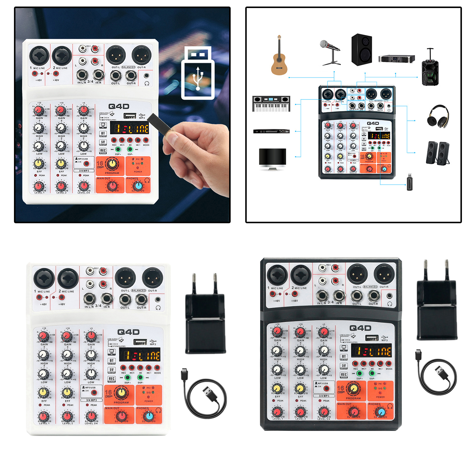 4 Channels Audio Sound Mixer Mixing USB 16DSP Effects MP3 Input White