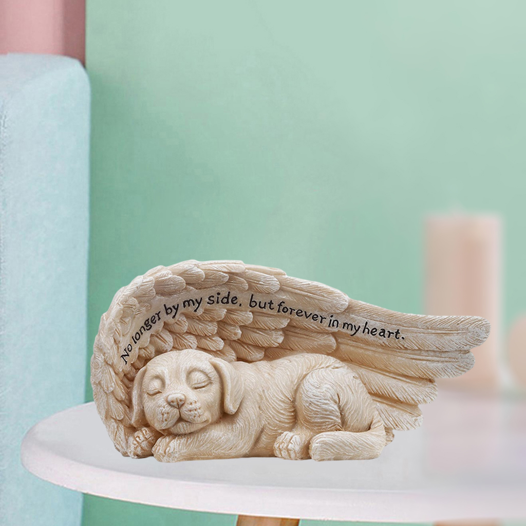 Sleeping Dog in Angel Wing Statue Pet Memorial Sculpture Grave Marker Tribute, Resin Crafts for Home Bedroom Living Room