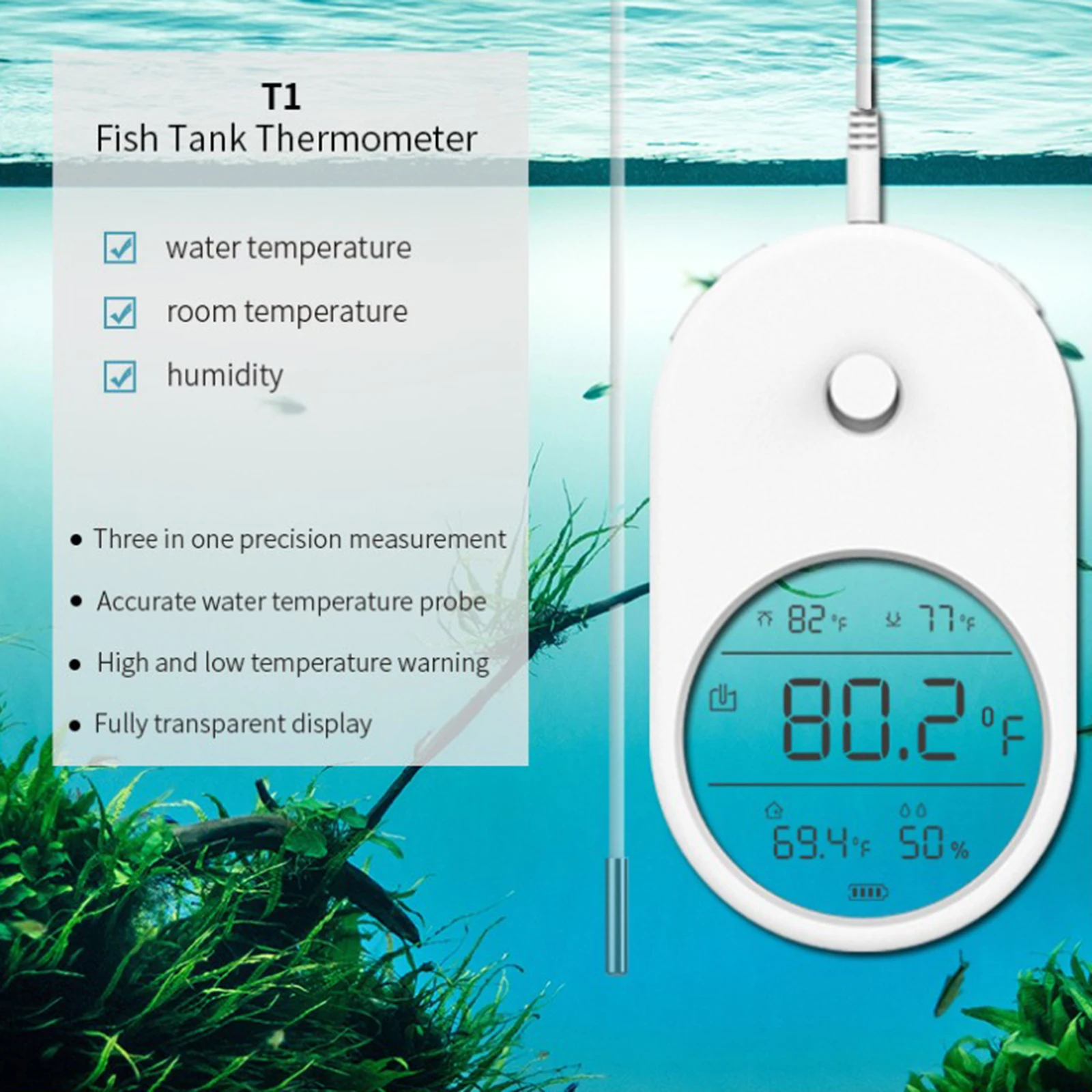 3 in 1 LCD Aquarium Thermometer Fish Tank Temperature Measurement for Fish Amphibians Saltwater Freshwater