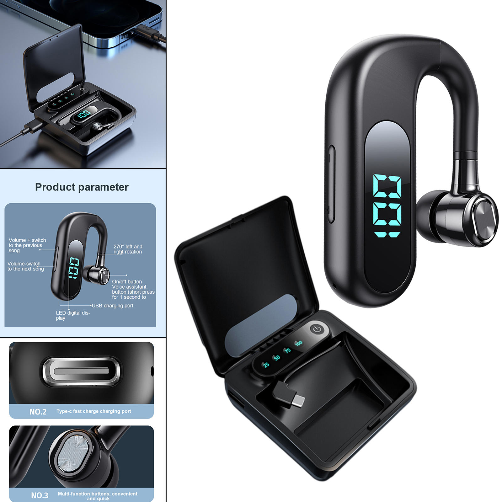 Bluetooth 5.2 Earphone Headphone Unilateral NFC Multipoint Connections Stereo Surround Waterproof Handsfree with Ear Caps Earbud