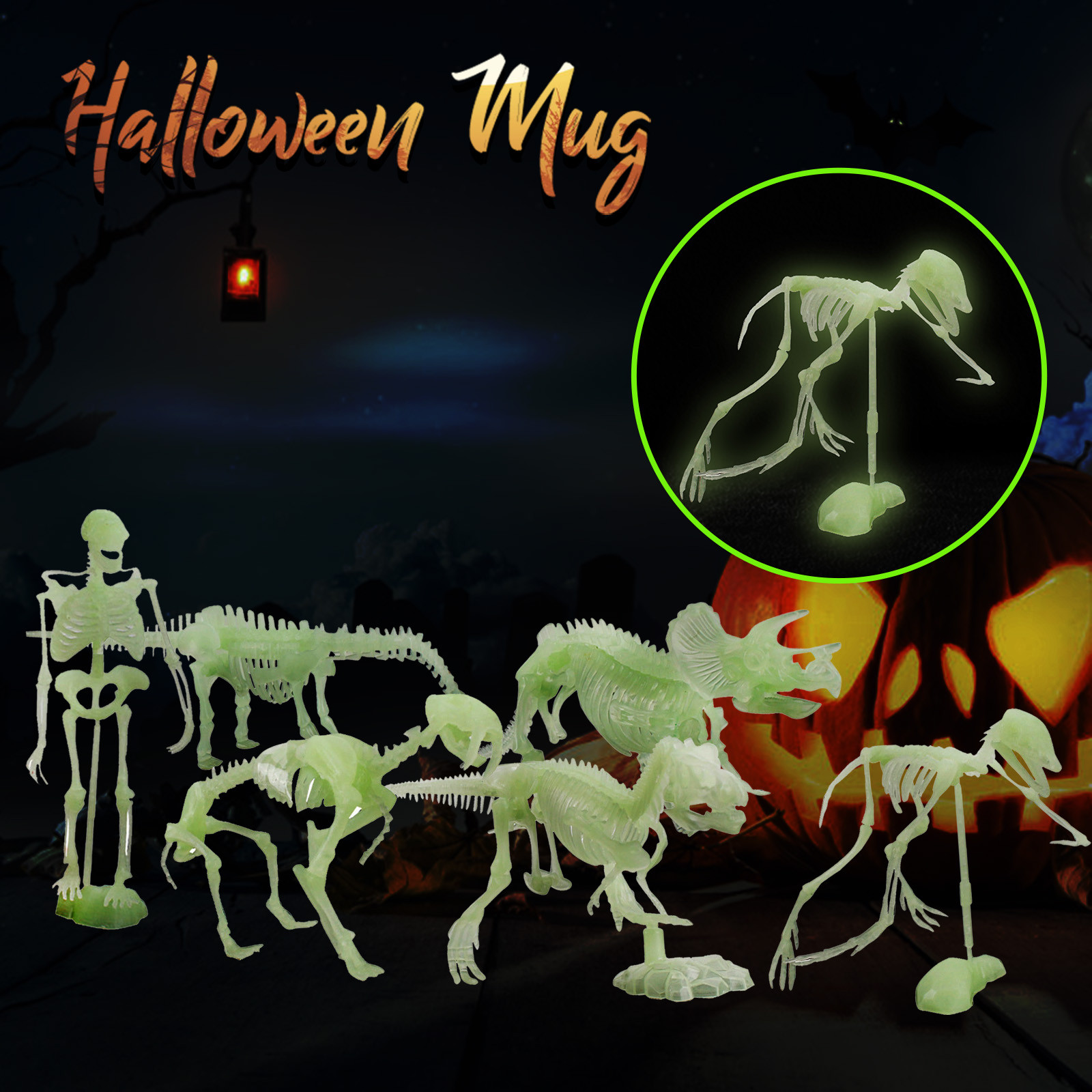 Fluorescentes de Dinossauro para Halloween Modelo de Esqueleto Ossos Humano Caveira Brinquedo Antiestresse Que Brilha no Escuro 4 Brinquedos que brilham no escuro
