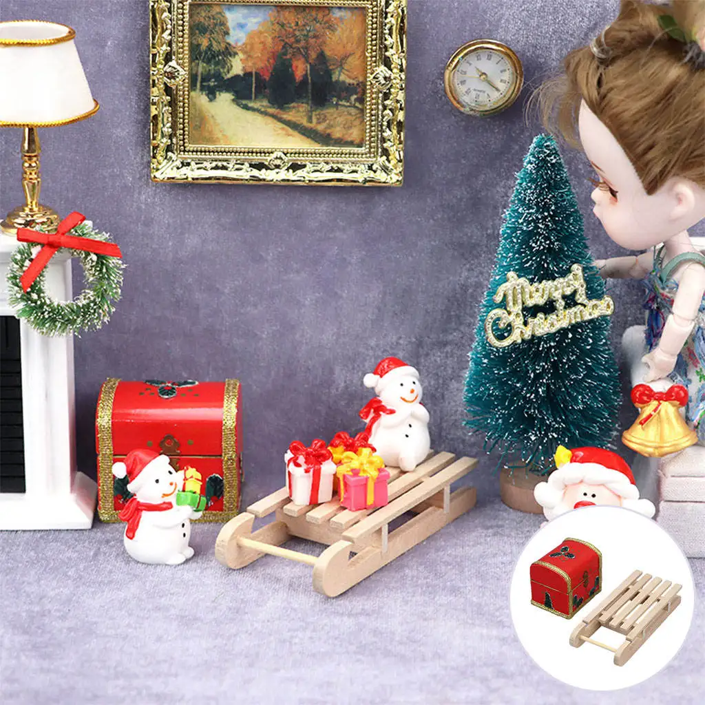 1/12 Dollhouse Decoration Educational Toy Model Workmanship Wooden Sleigh Gift Box for Kids