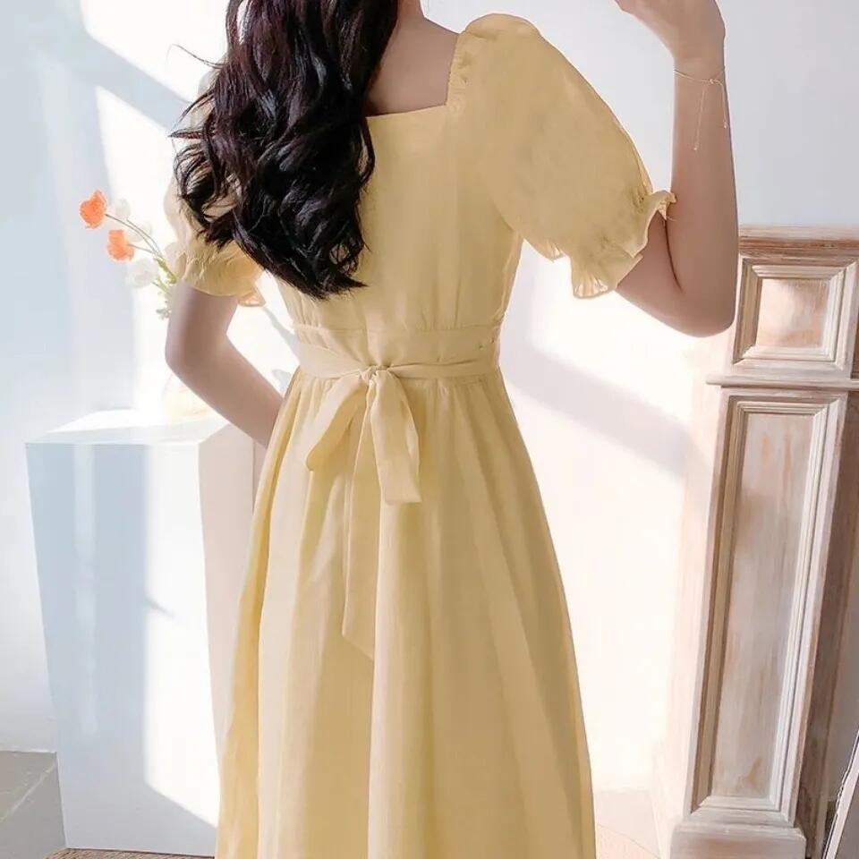 Vestido amarelo de manga curta feminino, vestido