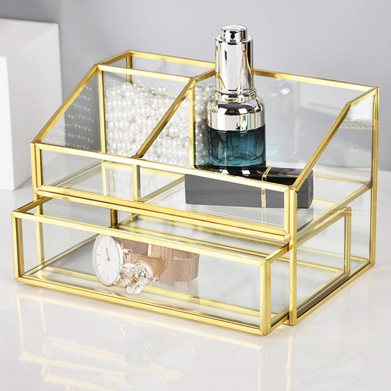 Antique Glass Cosmetics Storage Case Cosmetic Organizer for Dressing Table