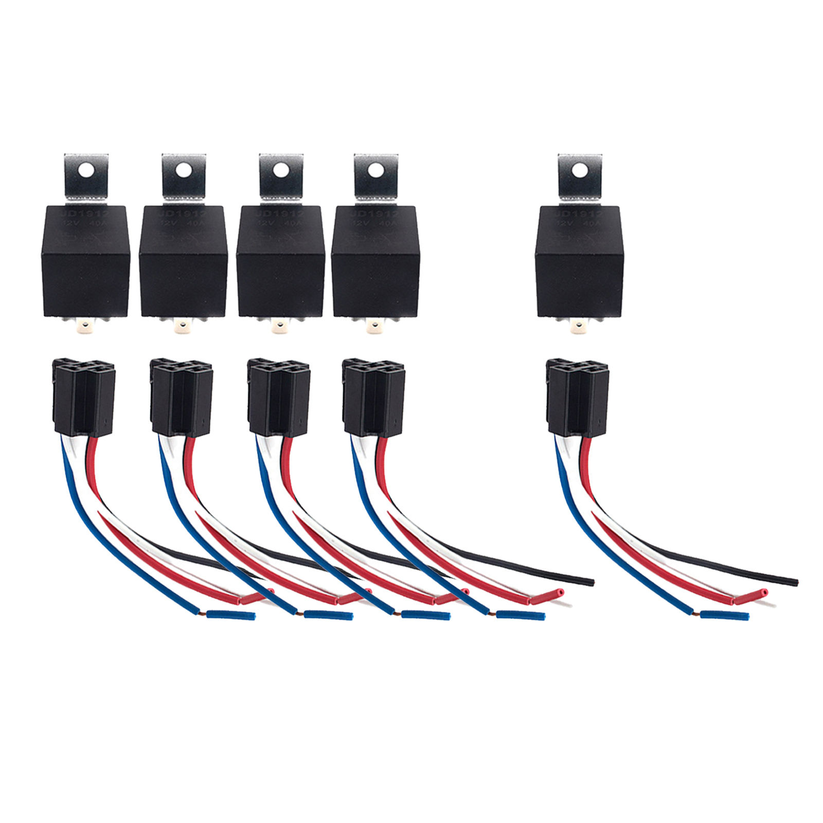 5 Pack 40 AMP 12 V DC Relay and Harness Set 12 AWG Tinned Copper Wires 5-PIN SPDT Bosch Style
