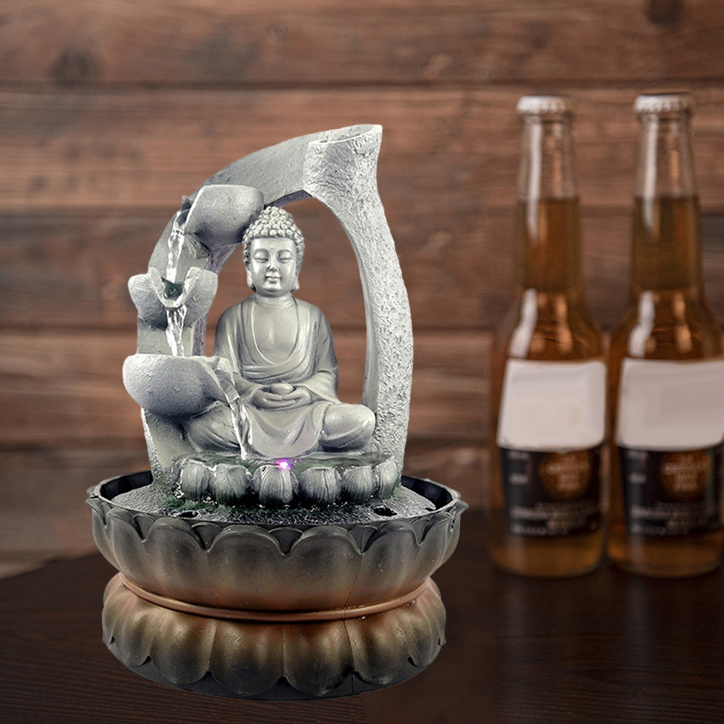 Indoor Waterfall Fountain Office Tabletop Relaxation Fountain View With LED Light Lucky Feng Shui Buddha Statue Figurines