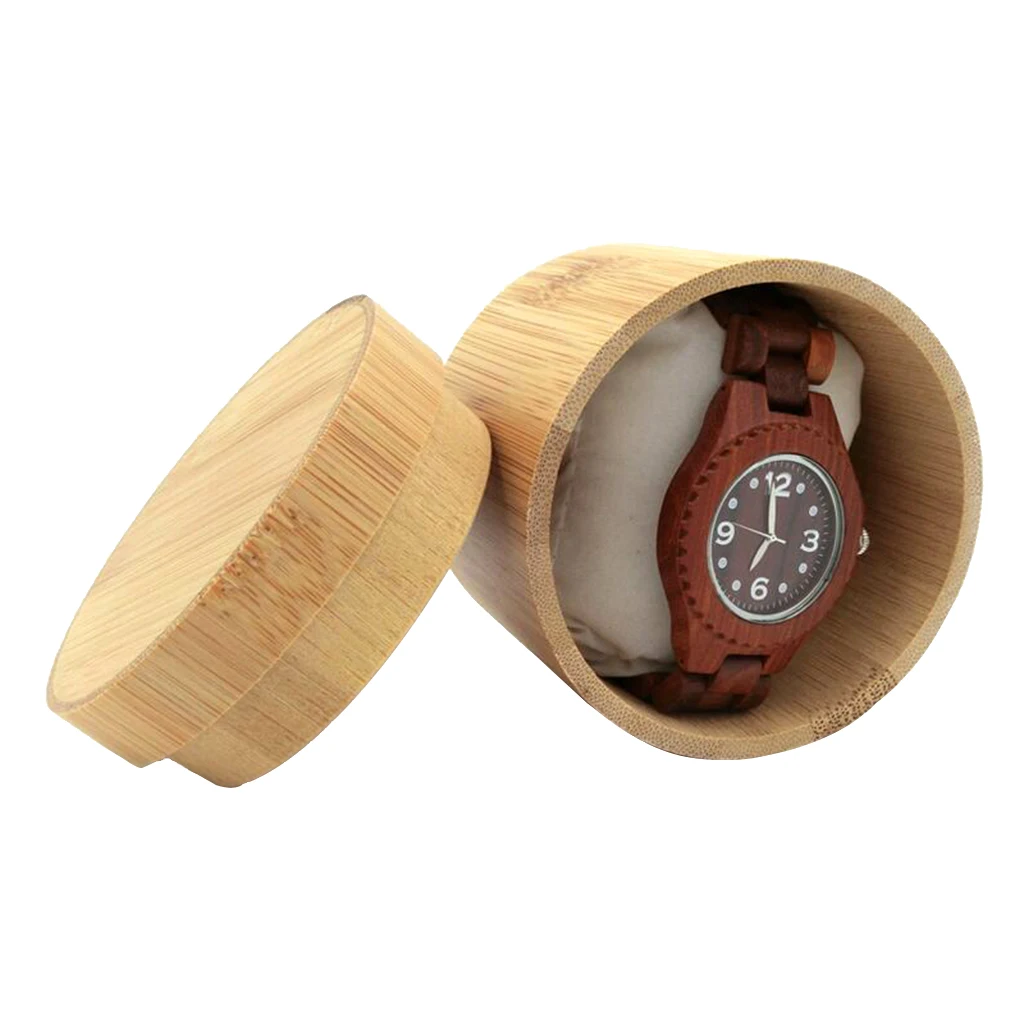 Cylindric Bamboo Storage Case Wristwatch with Pillow Single Watch Storage