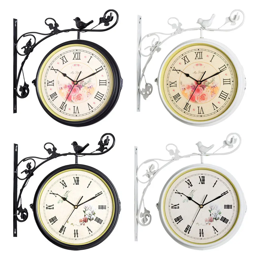 Iron Double Sided Antique Wall Hanging Clock Garden Decor - Without Battery, 360 Degree Rotate