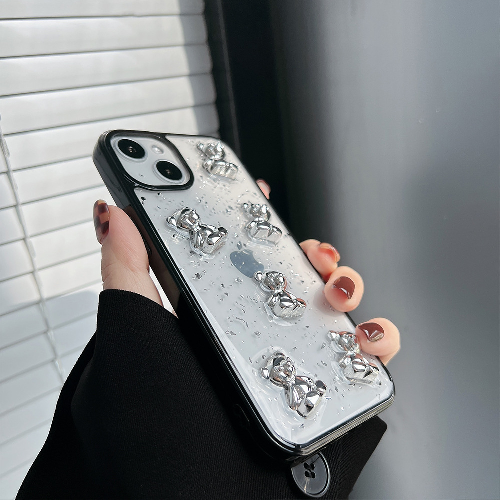 Retro kawaii silver foil bear transparent Phone Case For iPhone 13 11 12 Pro Max Xs Max XR 7 8 Plus X 7Plus case Cute Soft Cover